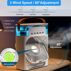 Portable Humidifier Air Cooler Mist Fan Mini Cooler for Home with 3 Speed Mode with Water Spray, 7 Color LED and Timer, USB Personal Cooler Desk Fan for Shop, Office, Kitchen (USB Powered Mini AC